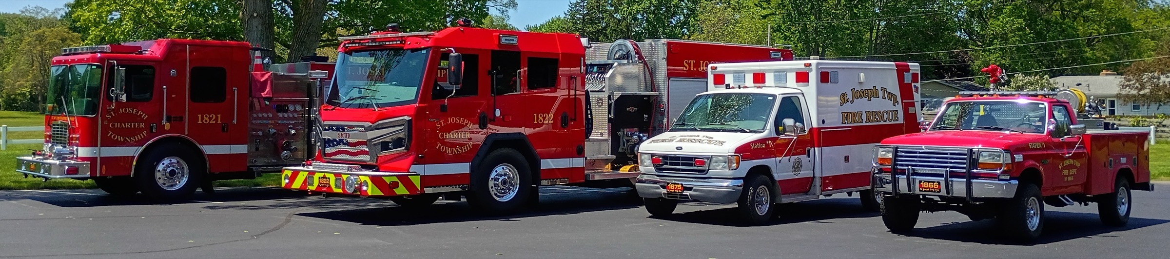 Station 181's four trucks lined up outside the station: Engine-181, Squad-181, Support-181 and Brush-181