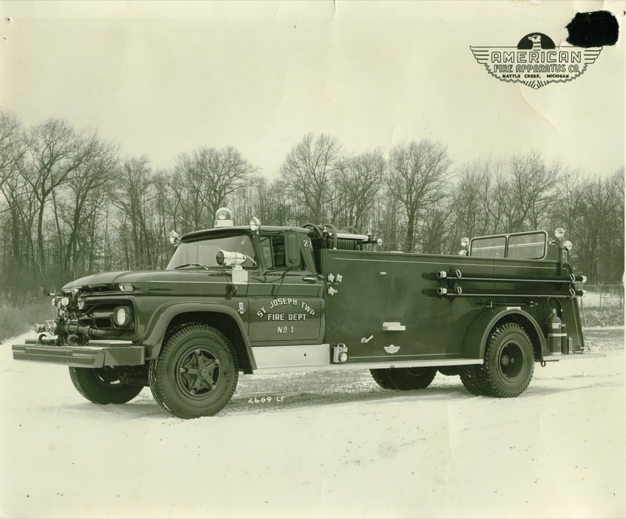 A 1960s American Fire Apparatus pumper lettered St. Joseph Twp Fire Dept No. 1